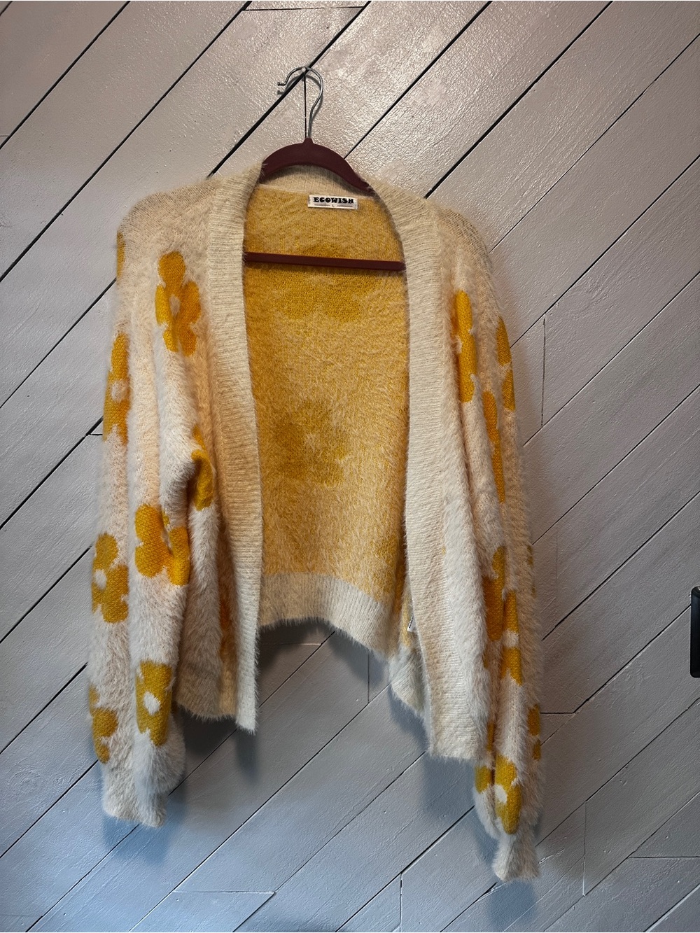 Source Unknown Cream Cardigan with Mustard Floral Pattern